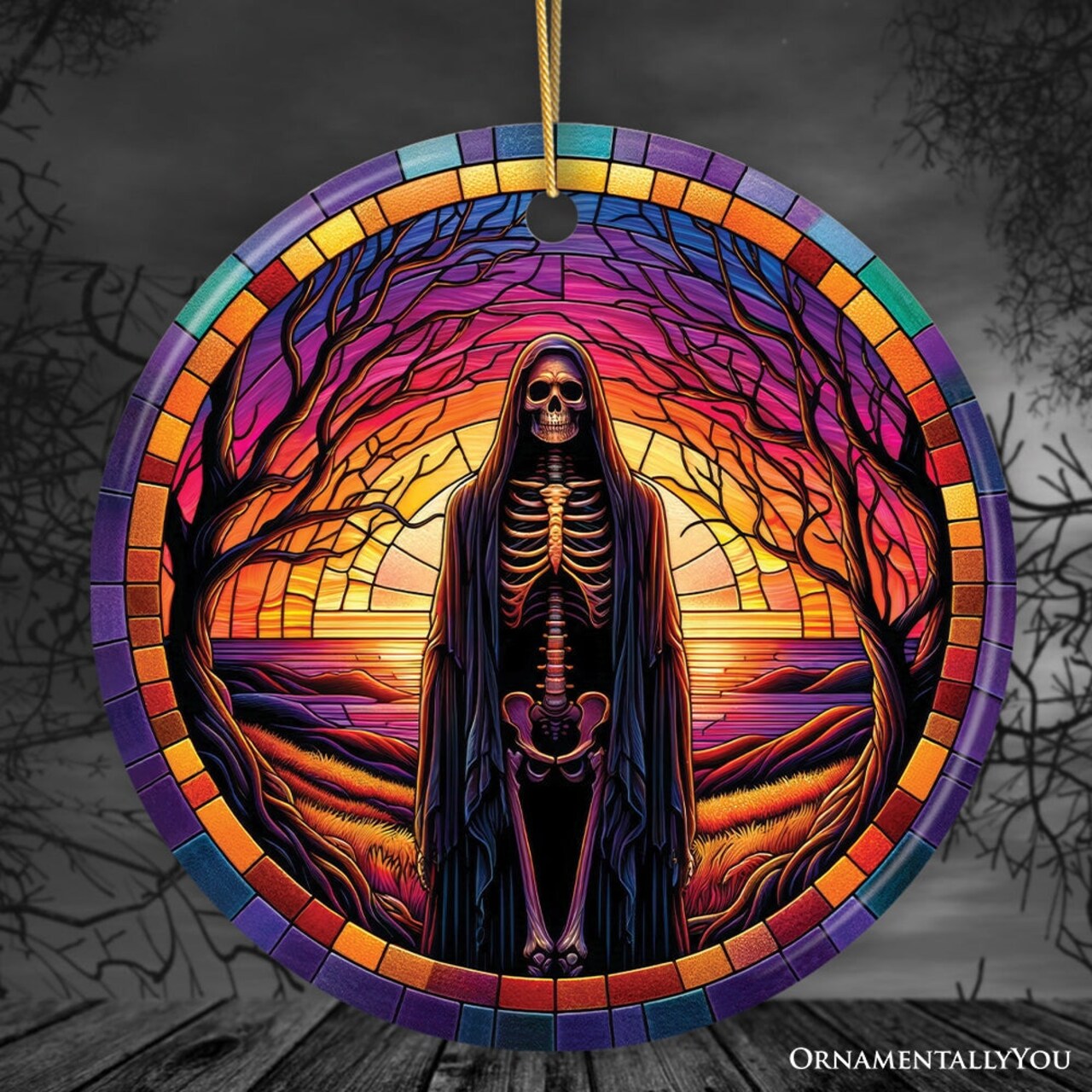 Bony Fright Halloween Skeleton Decor Stained Glass Style Ceramic Ornament, Halloween Themed Christmas Gift and Decor